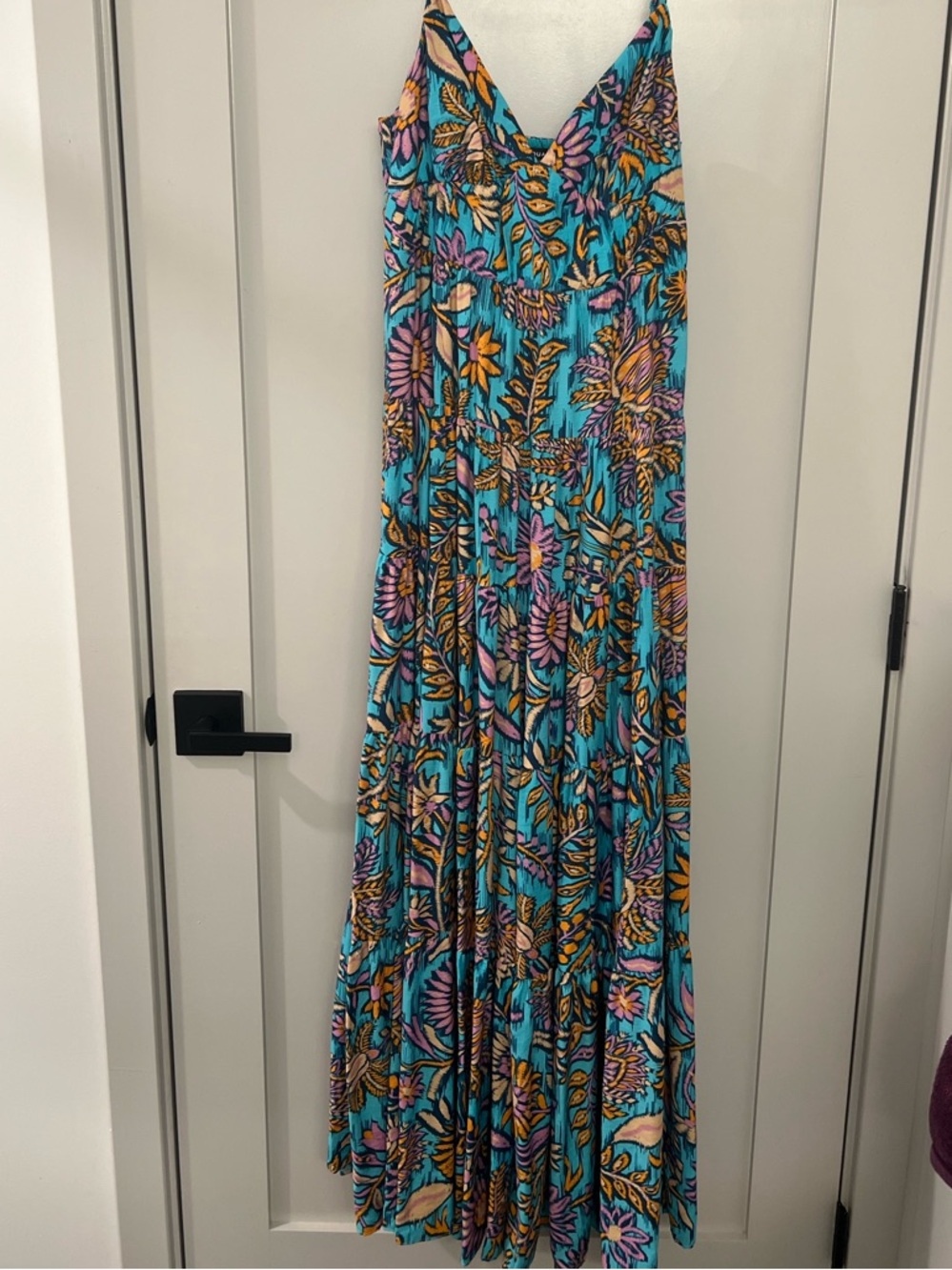 AQUA Teal Floral Print Maxi Dress with Pink & Yellow Accents